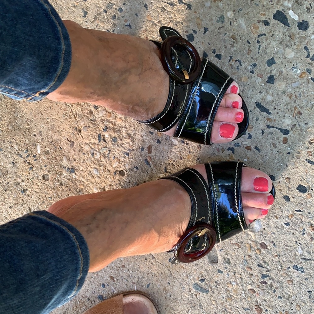 Prada Black Patent Leather Platform Sandals with Brown Buckle